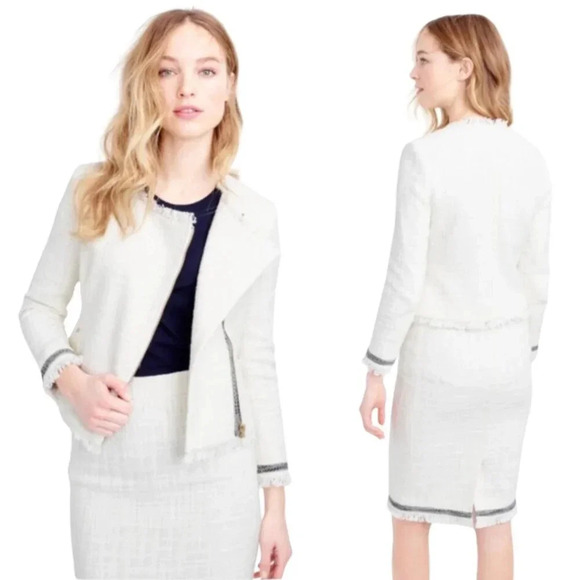 J.Crew Tweed Motorcycle Jacket with Fringe Women's 12 White Gold Career Preppy - Picture 1 of 16